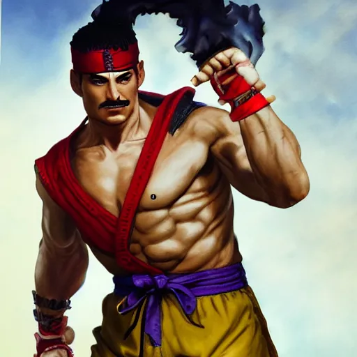 Prompt: freddy mercury as ryu street fighter, portrait, ultra realistic, concept art, intricate details, highly detailed, photorealistic, octane render, 8 k, unreal engine, art by frank frazetta, simon bisley, brom