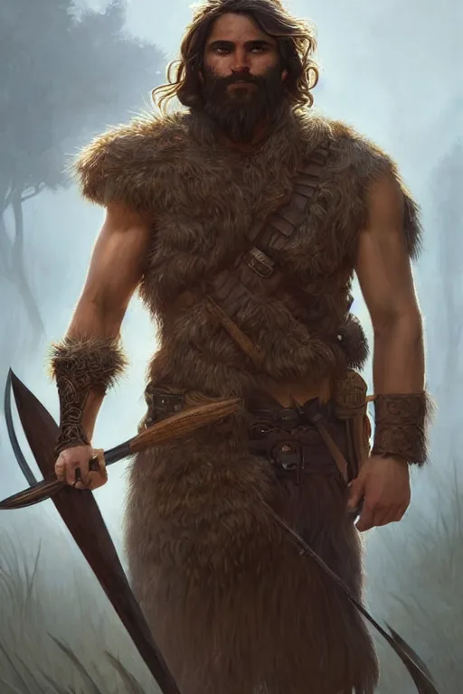 Image similar to full body portrait of a gruff ranger with a spear, lean and toned, handsome face, hairy chest and hairy body, D&D, fantasy, intricate, elegant, highly detailed, digital painting, artstation, concept art, matte, sharp focus, illustration, art by Artgerm and Greg Rutkowski and Alphonse Mucha