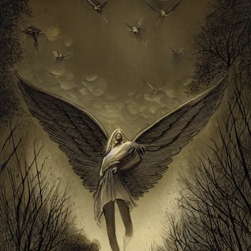 Image similar to A beautiful illustration of a winged creature, possibly an angel, flying high above a group of people in a dark, wooded area. The creature's wings are spread wide and its head is turned upwards, as if it is looking towards the sky. The people below are looking up at the creature with a mixture of awe and fear. by Keith Parkinson, by Carl Larsson evocative