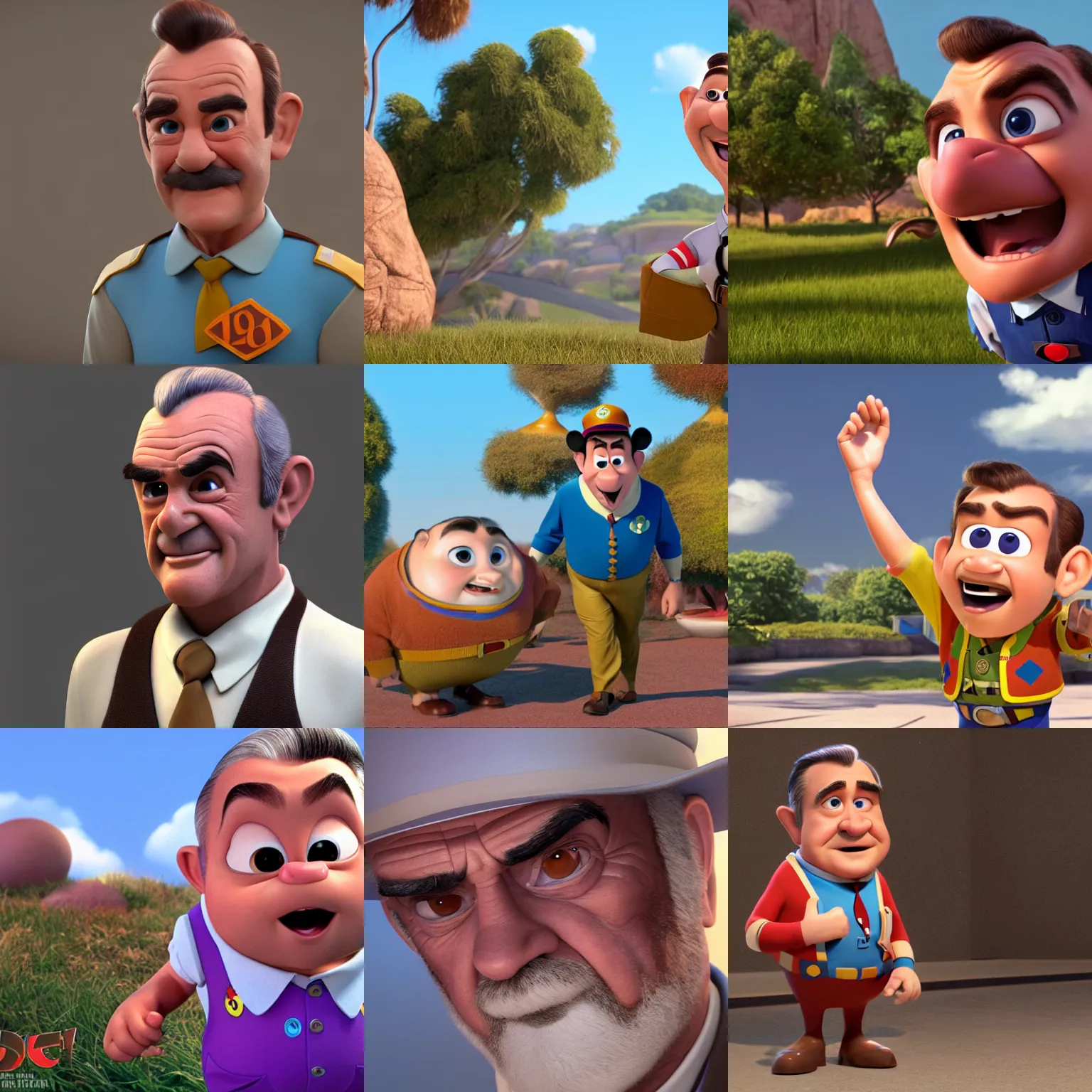 Prompt: 1 9 6 0 year sean connery as a pixar disney character from up ( 2 0 0 9 ), unreal engine, octane render, 3 d render, photorealistic