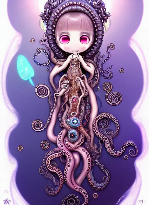 Image similar to A full shot of a cute magical monster Cryptid wearing an ornate dress made of opals and tentacles. Chibi. Subsurface Scattering. Translucent Skin. Caustics. Prismatic light. defined facial features, symmetrical facial features. Opalescent surface. Soft Lighting. beautiful lighting. By Giger and Ruan Jia and Artgerm and WLOP and William-Adolphe Bouguereau and Loish and Lisa Frank. Sailor Moon. Masterpiece. trending on artstation, featured on pixiv, award winning, cinematic composition, dramatic pose, sharp, details, Hyper-detailed, HD, HDR, 4K, 8K.