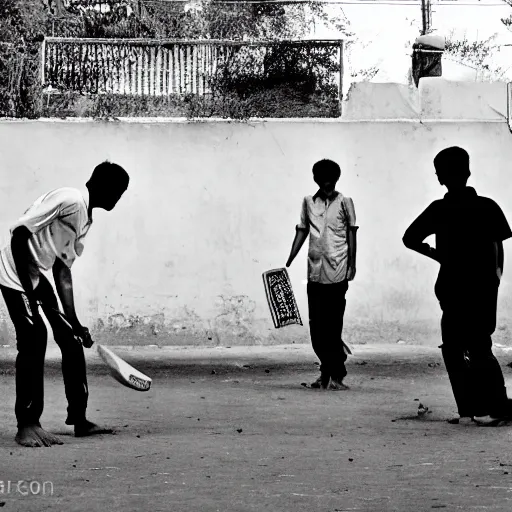 Image similar to four guys playing a game of cricket, on an indian street, award winning image, national geographic, dslr 3 0 mm image, black and white, wow, gorgeous