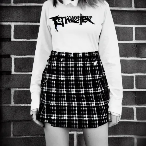 Image similar to female jade weber model teenage goth photography plaid mini skirt band shirt beautiful face, dramatic light darkroom