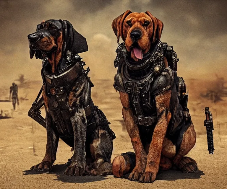 Image similar to a good ol'bloodhound dog fursona ( from the furry fandom ), heavily armed and armored facing down armageddon in a dark and gritty version from the makers of mad max : fury road. witness me.