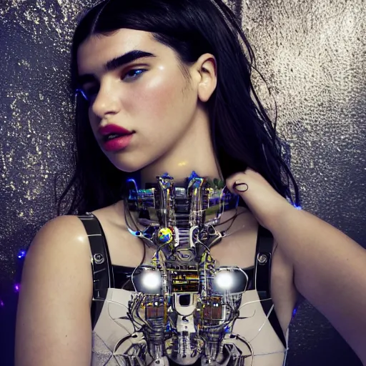 Prompt: beautiful Fine art photo of enraptured Dua Lipa as a solarpunk robotic goddess, white mechanical parts with led lights, photorealistic, centered, chest and face, highly detailed and intricate, sun lighting, HDR 8k