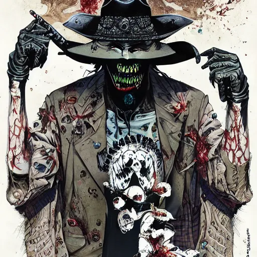 Image similar to portrait of crazy post malone zombie, with cowboy hat, symmetrical, glamour, by yoichi hatakenaka, masamune shirow, josan gonzales and dan mumford, ayami kojima, takato yamamoto, barclay shaw, karol bak, yukito kishiro