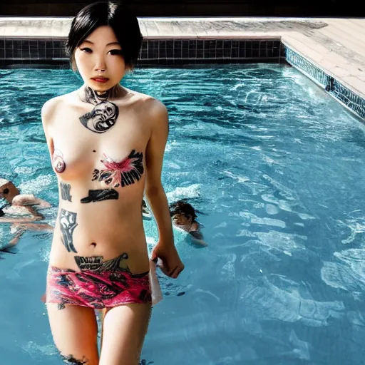 Prompt: a yakuza girl with tattoo half submerged in kimchi pool