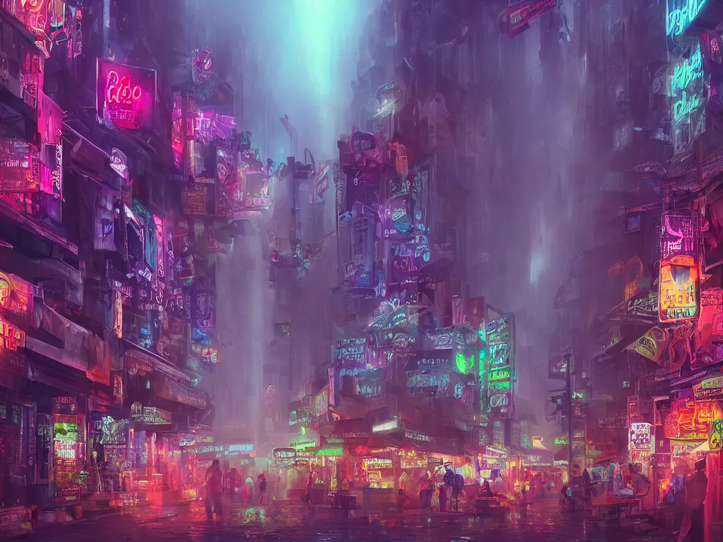 Image similar to A lively city full of mystery and secrets within the fog, holograms creating spirits that roam the streets, neon market signs, bright technological lights, highly detailed, matte painting, intricate detail, trending on artstation