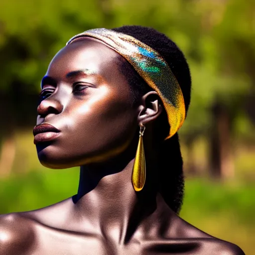 Image similar to portrait of metallic reflecting face, african woman, subtle iridescence, smooth, proud looking away, outdoor, blue sky, nature, 8 k, realistic, depth of field, highly detailed, award winning photography,