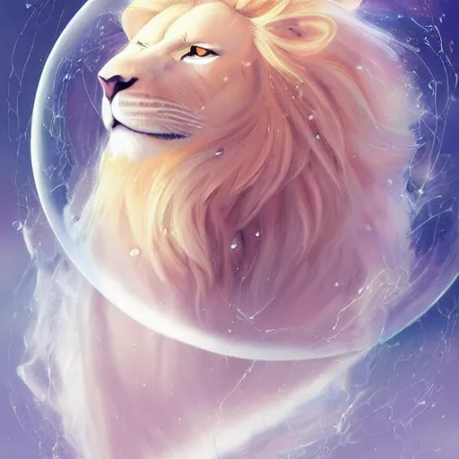 Image similar to aesthetic portrait commission of a albino muscular and attractive anthro lion wearing an attractive pastel greek outfit floating inside a floating soap bubble in a simple blue cloudy sky with clouds orbiting the bubble like a planet, minimalistic art, hyperdetailed. Character design by charlie bowater, ross tran, artgerm, and makoto shinkai, detailed, inked, western comic book art, 2021 award winning painting