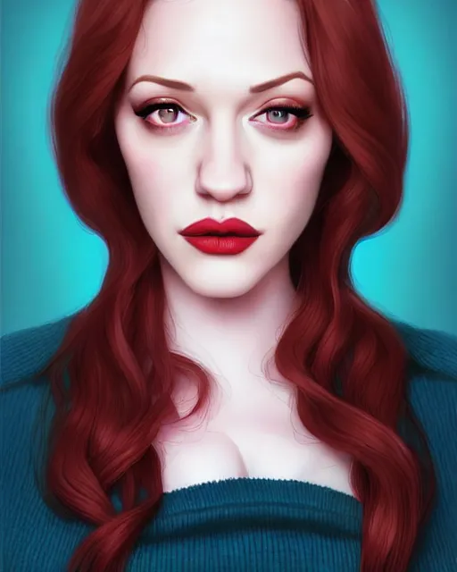 Image similar to kat dennings christina hendricks jennifer tilly, in wooly sweater, belt, plump lips, big eyes, by wlop and ilya kuvshinov and artgerm, gorgeous, stunning, alluring, artstation, deviantart, digital art