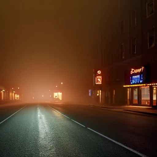 Image similar to A stunningly beautiful award-winning down angle 8K high angle cinematic movie photograph of a dark foggy lightless main intersection in an abandoned 1950s small town at night, by David Fincher and Darius Khonji, cinematic lighting, perfect composition, moody low key volumetric light. Color palette from Seven, greens yellows and reds. 2 point perspective, high angle from 15 feet off the ground. Octane render