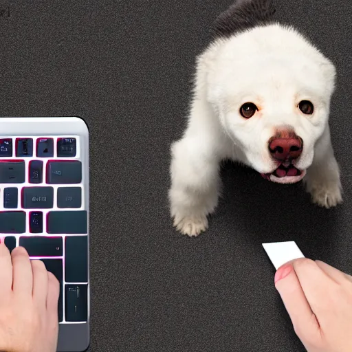 Image similar to barking angry dog typing on rgb keyboard photo dramatic lighting