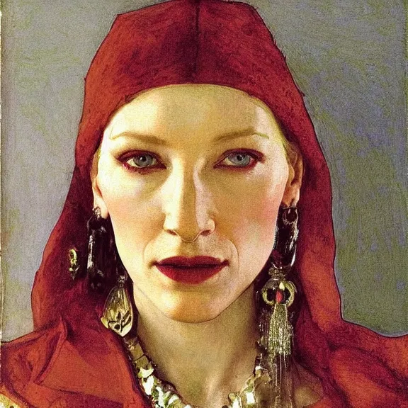 Image similar to cate blanchett by Annie Swynnerton and Nicholas Roerich and Vermeer, strong dramatic cinematic lighting , ornate headdress , lost civilizations, smooth, sharp focus, extremely detailed