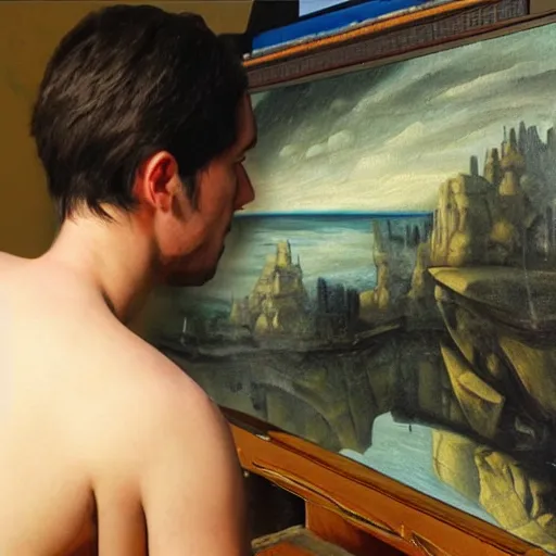 Prompt: masterpiece painting of a 3d artist sad, crouched and desperate looking at the 3d software on screen of a computer screen with Autodesk Maya opened, oil on canvas, renaissance