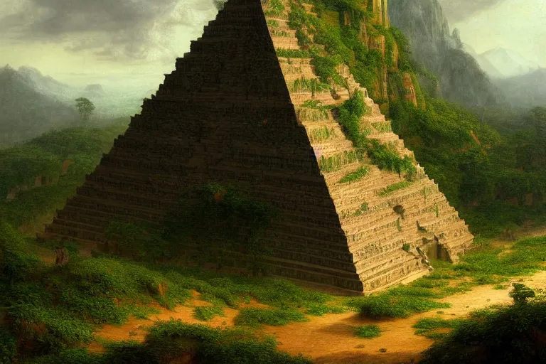 Prompt: a beautiful and highly detailed digital painting of a small pyramid in the distance in an epic lush mountainous jungle, intricate details, epic scale, hyperdetailed, hyperrealism, artstation, cgsociety, 8 k, sharp focus, by caspar friedrich, albert bierstadt, james gurney,