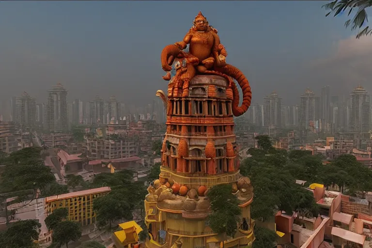 Image similar to high quality 3 d dreamscape! mumbai with biomorphic hanuman!! head building, kalighat, unreal engine hyperrealistic cinematic smooth, stephen shore & john j. park, soft morning light, wide shot, high angle, uhd 8 k, deep focus