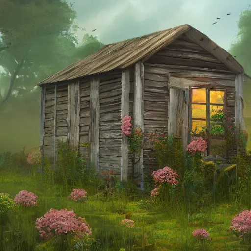 Image similar to a matte painting of a midwestern countryside, shack close up, very overgrown, patchy flowers, oil painting, pale colors, high detail, 8 k, wide angle, trending on artstation,