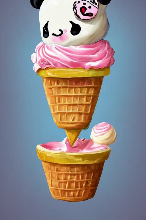 Prompt: digital realistic detailed art ice cream sundae and kawaii panda