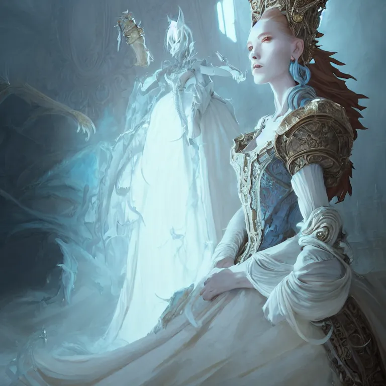 Image similar to portrait of a baroque princess dress from the fantasy world for the dragon queen atey gailan, greg rutkowski, greg tocchini, james gillard, joe fenton, kete butcher, dynamic lighting, gradient light blue, brown, light cream and white colors, grunge aesthetics, detailed and complex environment