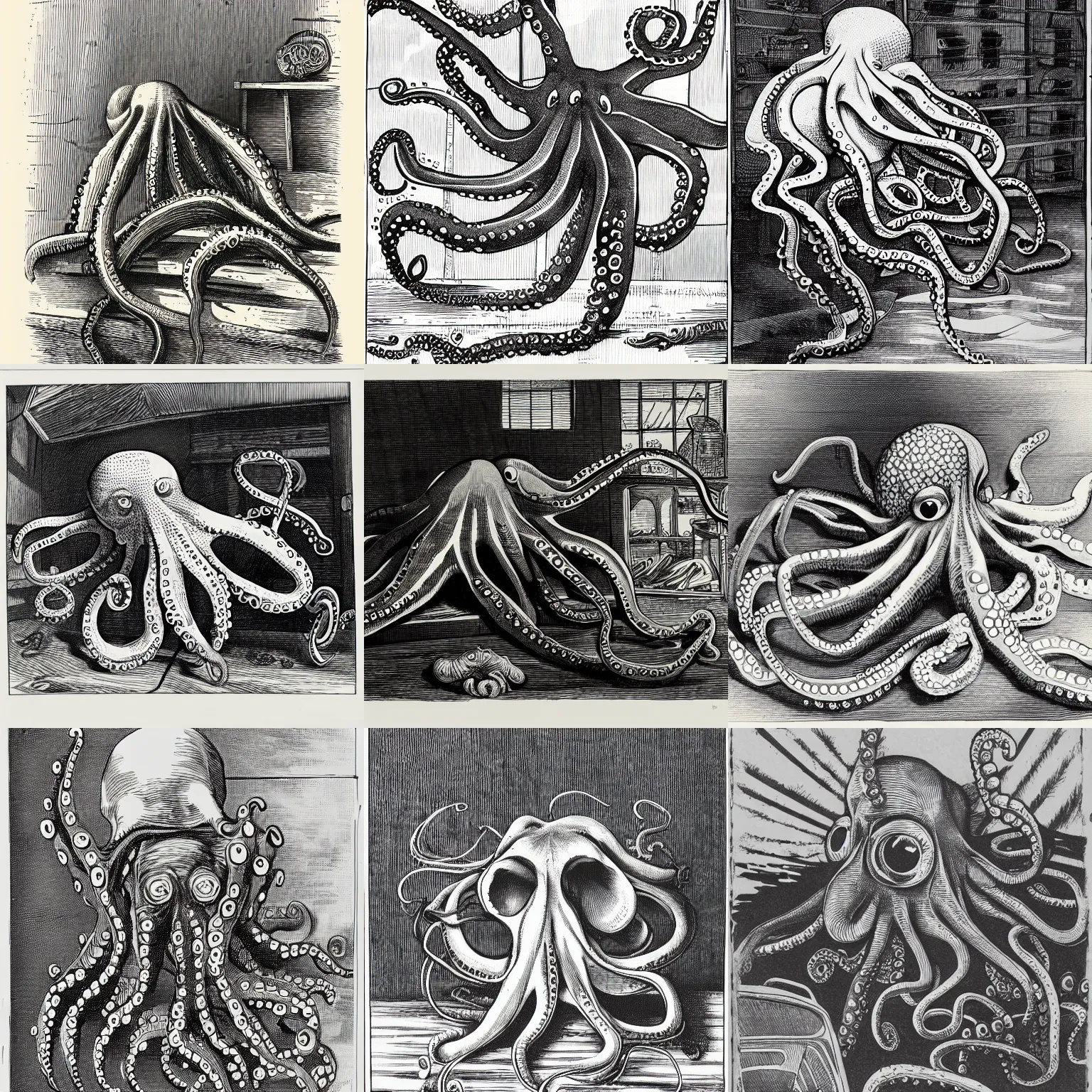 Prompt: an octopus lost in a garage, engraving, ink, black and white