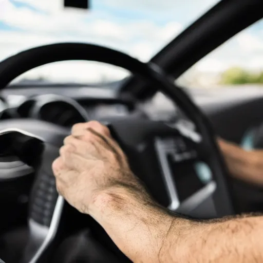 Image similar to muscular arm gripping a steering wheel at the top, first person pov, detailed,