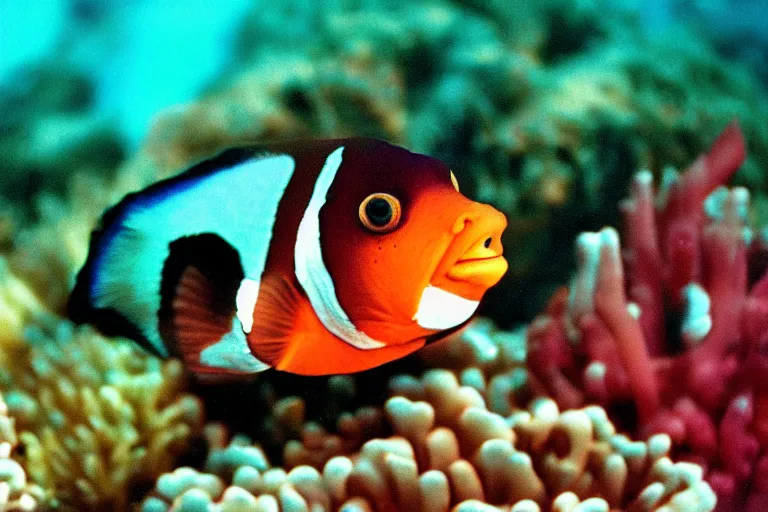 Prompt: a photo of an angry mutant portabella mushroom clown fish in its natural habitat, kodak ektachrome e 1 0 0 photography