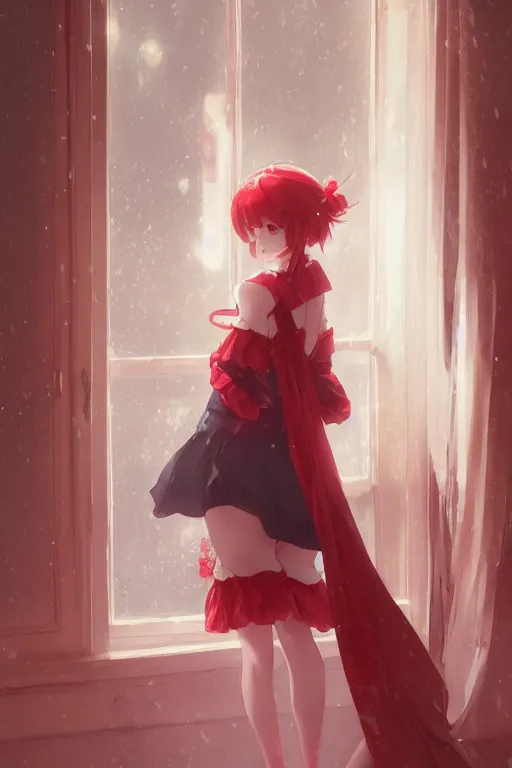 Prompt: a girl in a maid's outfit in the bedroom a night, raining outside the window, red theme, wavy white long hair, by krenz cushart and mucha and akihito yoshida and greg rutkowski and makoto shinkai, 4 k resolution