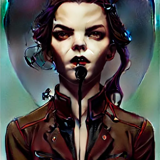 Prompt: rafael albuquerque comic art, art nouveau, peter mohrbacher, pretty female anya taylor - joy vampire sharp vampire teeth open mouth, symmetrical eyes and face, brown leather jacket, jeans, long black hair, full body