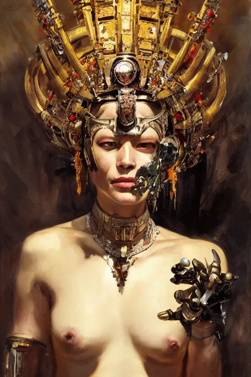 Image similar to beautiful expressive oil painting portrait of ancient cyborg god queen with a jeweled skull mask ascending wearing a neo japan crown, art by anders zorn, wonderful masterpiece by greg rutkowski, beautiful cinematic light, american romanticism by greg manchess, jessica rossier