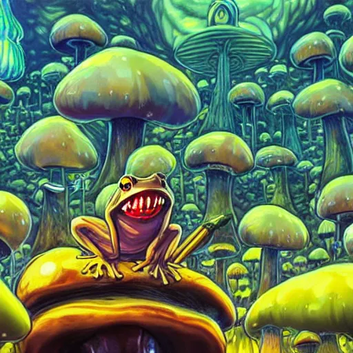 Image similar to A close up portrait of a dignified psychedelic godlike anthropomorphic frog smoking an anime blunt , magic mushroom village in background . award winning. superb resolution. in the art style of junji Ito and greg rutkowski . Detailed Mushroom city in background. Hyper realistic anime. Perfect art. Dalle2