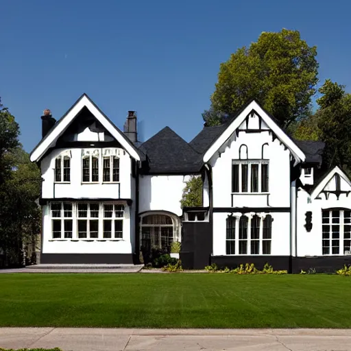 Image similar to stucco tudor with wood and tile white black mansion by mcalpine house, by jackson & leroy architects