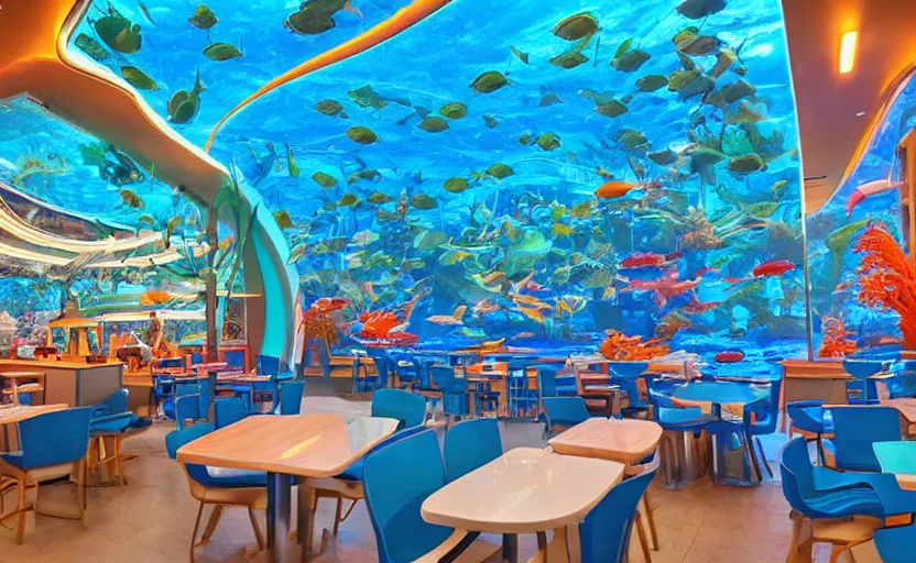 Image similar to inside a fastfood fish restaurant, fluorescent light, bright, atlantis theme, a giant aquarium on the wall