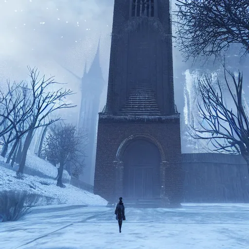 Prompt: Giant gothic underground bell tower covered in frost, frostpunk, anor londo