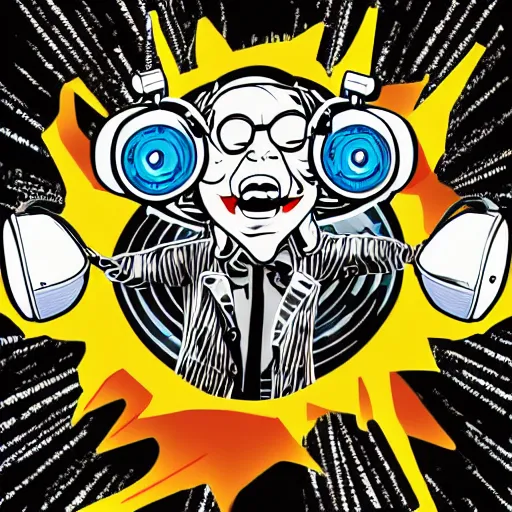 Image similar to svg vector sticker of absolutely insane-mad-scientist-villain, rocking out, wearing headphones, huge speakers, dancing, rave, DJ, spinning records, digital art, amazing composition, rule-of-thirds, award-winning, trending on artstation, featured on deviantart