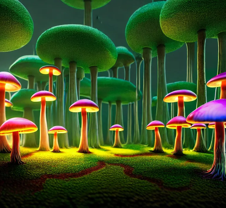 Prompt: hyperrealism photography hyperrealism concept art of highly detailed glowing with a different species of mushrooms and fungi, rainbow of colors in forest at night highly detailed futuristic ( fantasycore ) city by wes anderson and hasui kawase and scott listfield sci - fi style hyperrealism rendered in blender and octane render volumetric natural light