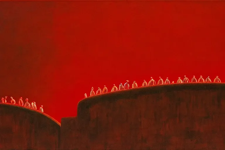 Image similar to only with red, a red great emperor, taormina amphitheatre, crowd with big smile, in the style of beksinski, parts by edward hopper, parts by rodcenko, parts by yue minjun, intricate and epic composition, red by caravaggio, insanely quality, highly detailed, masterpiece, red light, artstation, 4 k