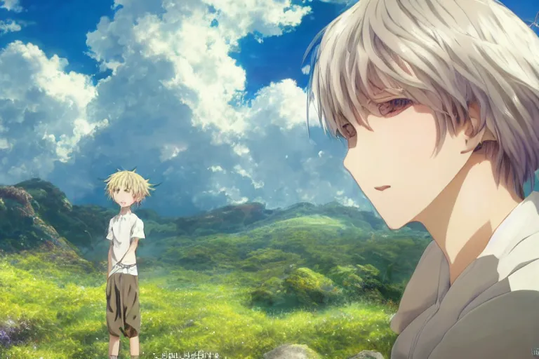 Prompt: a vast scene, panorama distant view, anime art full body portrait character concept art, hyper detailed scene render of a boy and white lion, anime key visual of violet evergarden, finely detailed perfect face delicate features directed gaze, in the white clouds fairyland, trending on pixiv fanbox, violet evergarden, studio ghibli, james jean, extremely high quality artwork