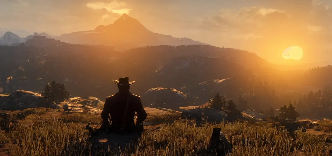 Image similar to Arthur Morgan from Red Dead Redemption 2 sitting at the top of a mountain looking at a beautiful sunrise in the distance