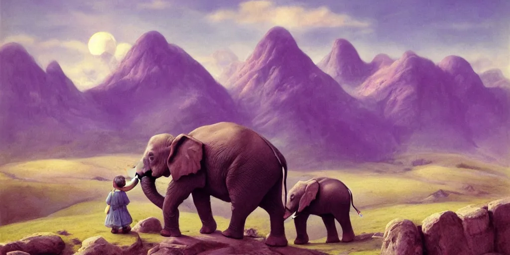 Prompt: A purple elephant childrens book cover, mountains in the background, illustration, detailed, smooth, soft, warm, by Adolf Lachman, Shaun Tan, Surrealism