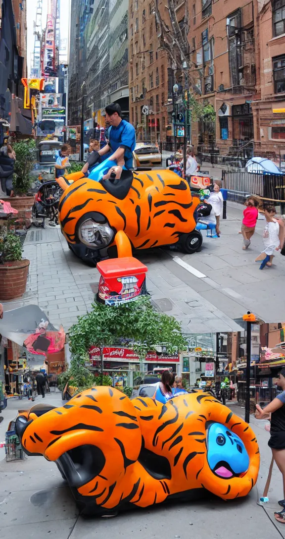 Prompt: a plastic ride kiddie ride that looks like a tiger on the sidewalk in NYC