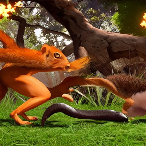 Prompt: screenshot of animal fighting game on ps 4, squirrel vs lizard, unreal engine,