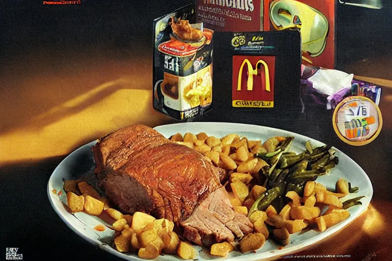 Image similar to mcdonald's roast pork meal, in 1 9 9 5, y 2 k cybercore, advertisement photo. artwork by craig mullins