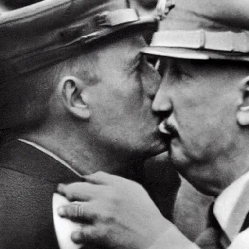 Prompt: Hitler kissing Putin, realistic photo, 8k, grotesque,