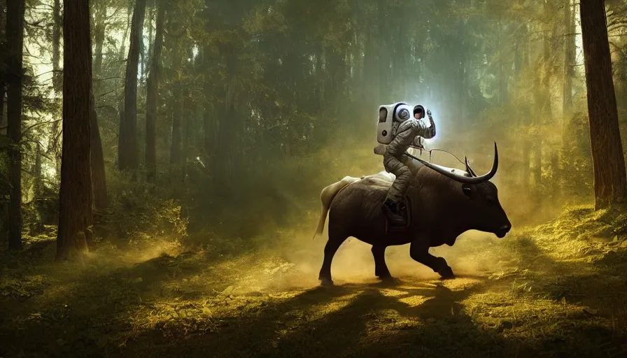 Prompt: american astronaut in the forest riding a bull, objects well lit, plants environment, wide angle, cinematic lighting, atmospheric, realistic, octane render, highly detailed, color graded, in the style of craig mullins