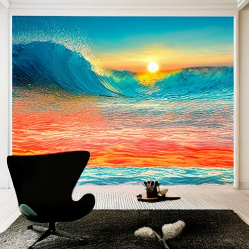 Prompt: vaporvawe sunset, ocean waves crashing kawaii masterpiece, vinyl wallpaper