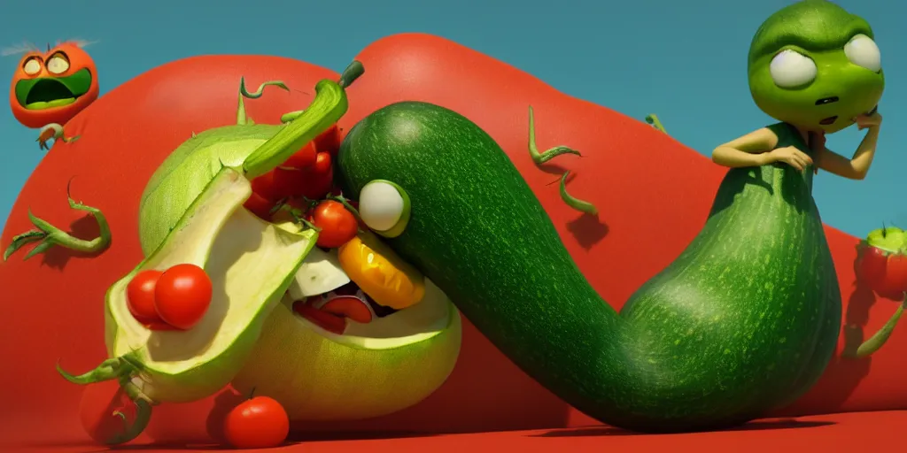 Prompt: detailed 3 d render of a furious zucchini assassin character hunting a sweating tomato character at high speed, dramatic scene, hyper realistic octane render, cinematic lighting, deviantart, pop - surrealism, lowbrow, frame from pixar movie