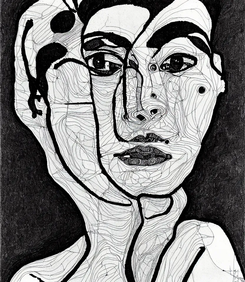 Image similar to detailed line art portrait of margaret bourke - white, inspired by egon schiele. caricatural, minimalist, bold contour lines, musicality, soft twirls curls and curves, confident personality, raw emotion