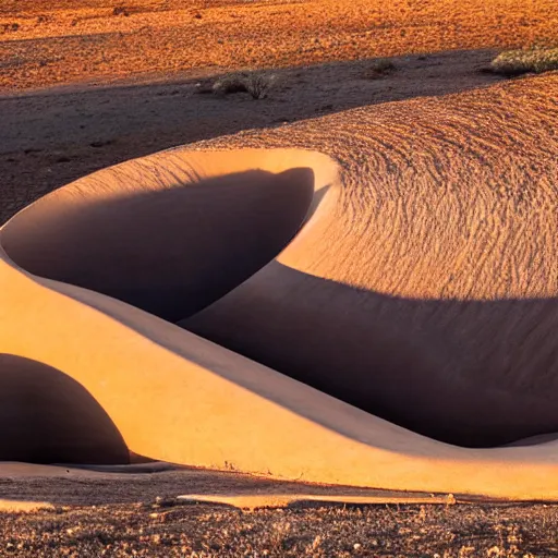 Image similar to land art sculptures built in the Mojave desert, beautiful dynamic lighting, cinematic, wide angle establishing shot, extremely high detail, photo realistic, cinematic lighting, post processed, concept art, artstation, matte painting, style by michael heizer, Donald Judd, volumetric lighting, light rays, photorealistic, ultrarealistic, moody, coronarender, 8k