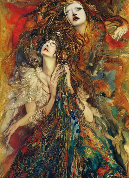 Image similar to oil painting of portait Queen of Ecstasy, Hungarian, by Yoshitaka Amano, by Georgia o Keeffe, by Gustave Moreau, By Marcel Jankowicz